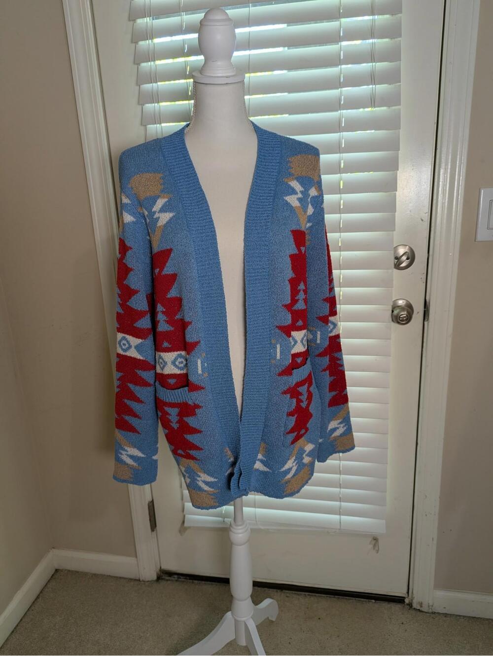Women's Open Front Cardigan Sweater Geometric Pattern, Light Blue & Red Medium